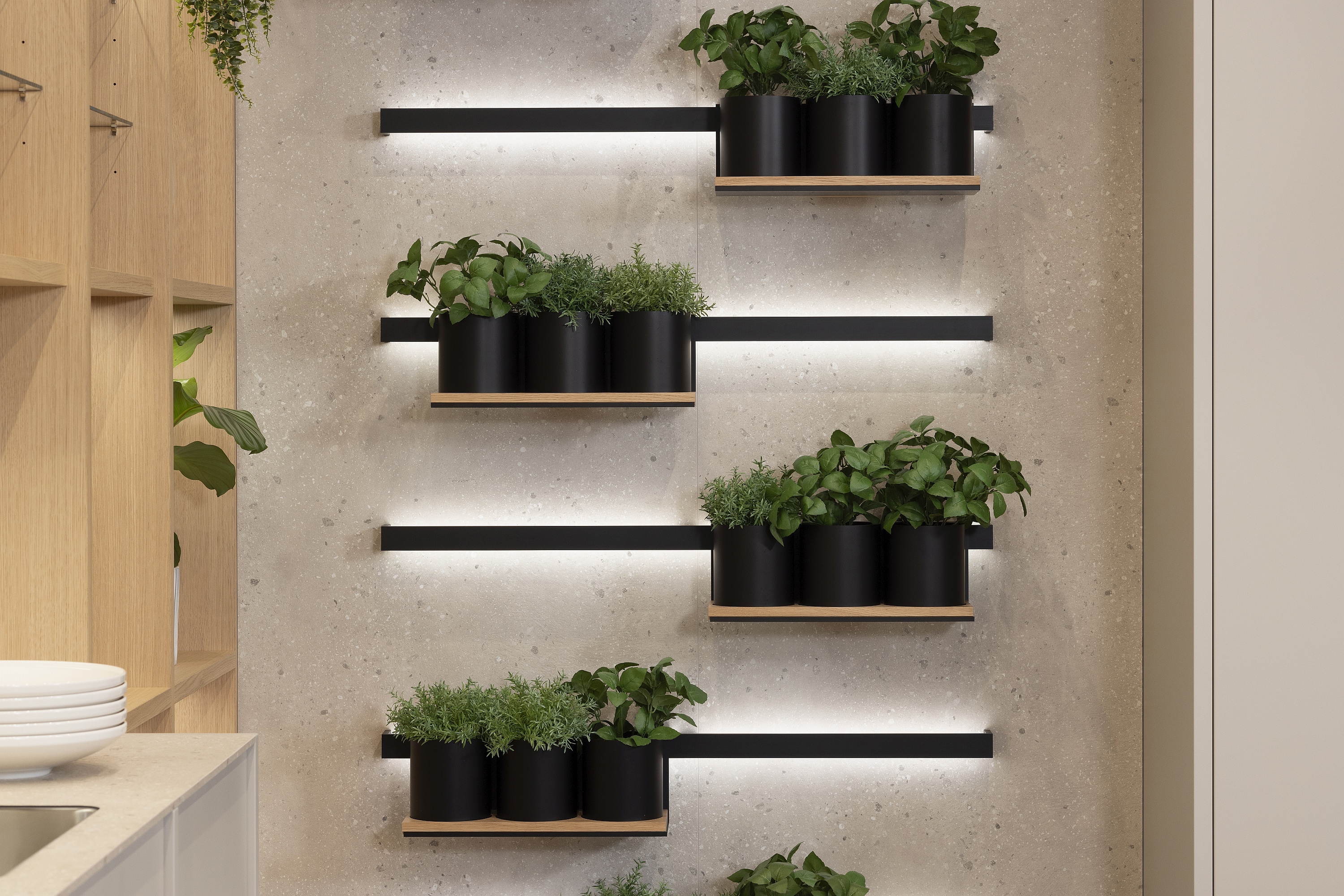 Beleuchtetes Relingsystem mit Kräutertöpfen